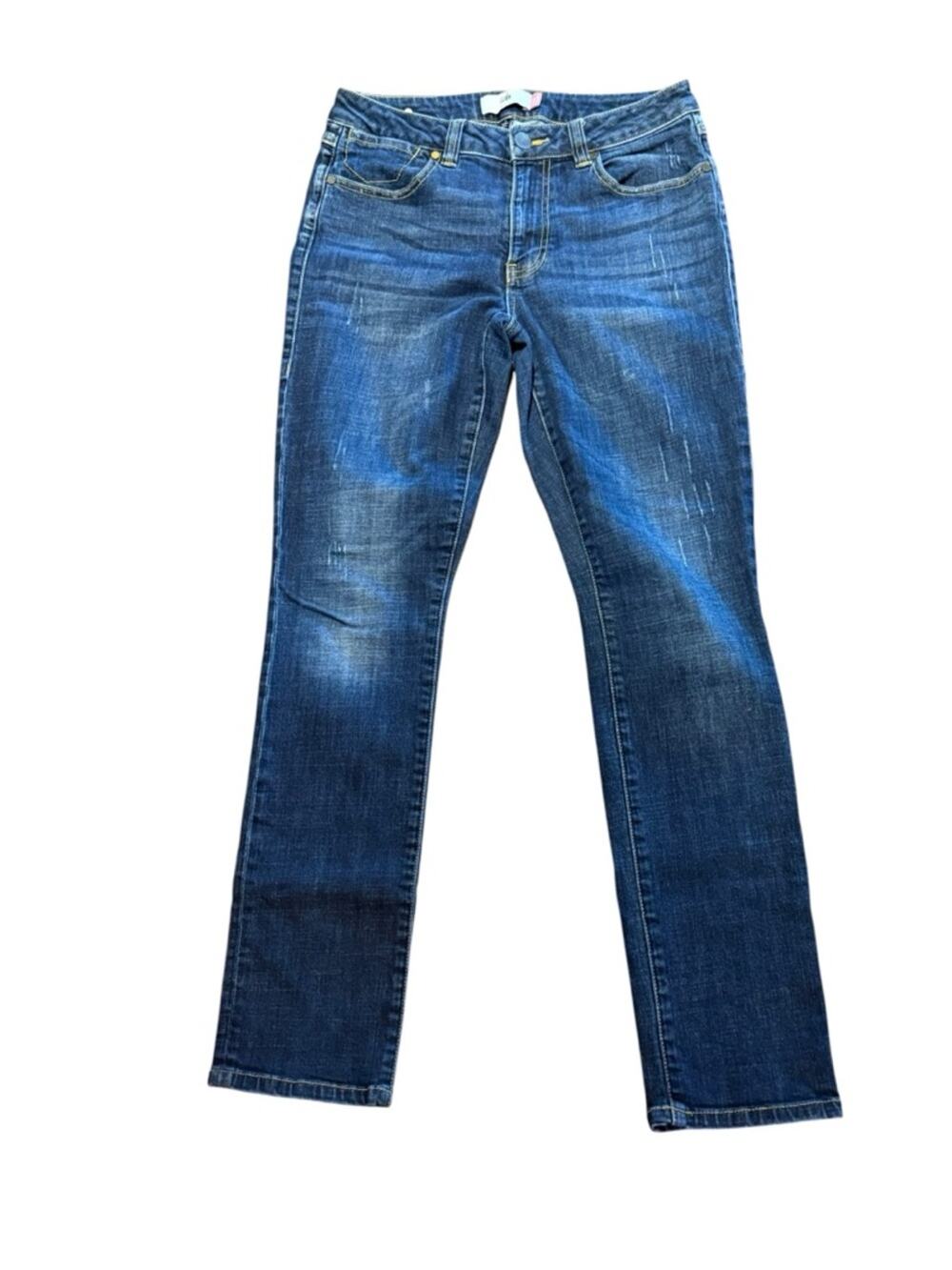 CAbi High Straight Jeans in Dark Blue with Yellow Stitching Womens Size 6